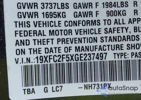 2016 Honda Civic Lx z USA, uszkodzony, nr VIN 19XFC2F5XGE237497